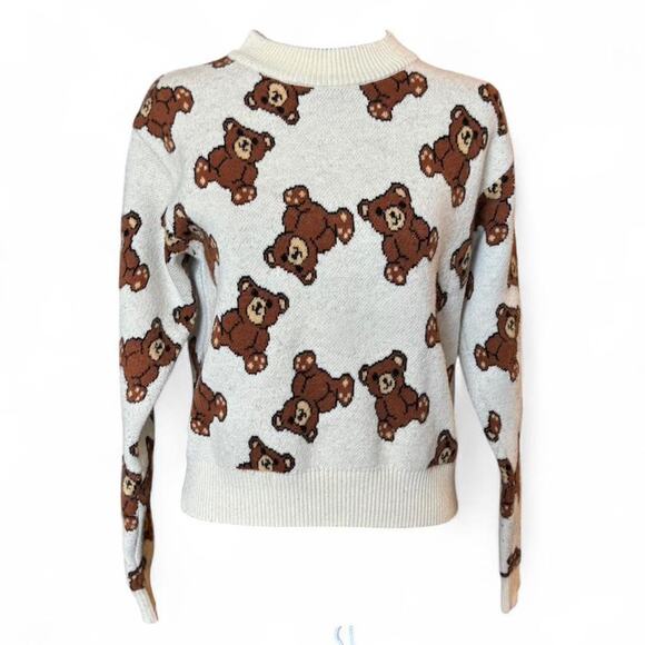 Cream Teddy Bear Knit Sweater Retro Kawaii Coquette Cute Novelty Size S - Picture 4 of 8